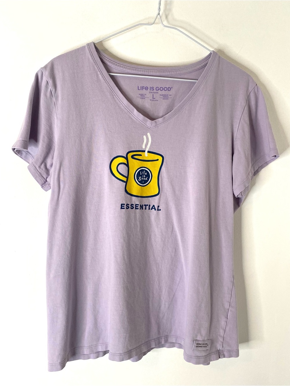 Life Is Good Essential Coffee Mug Purple V Neck Graphic Tee 100% Cotton